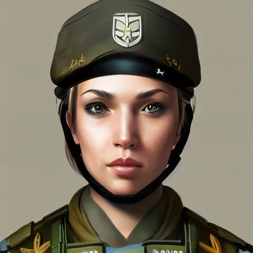 Prompt: a selfie of an upbeat female military soldier, highly detailed, digital painting, artstation, concept art, smooth, sharp focus, illustration