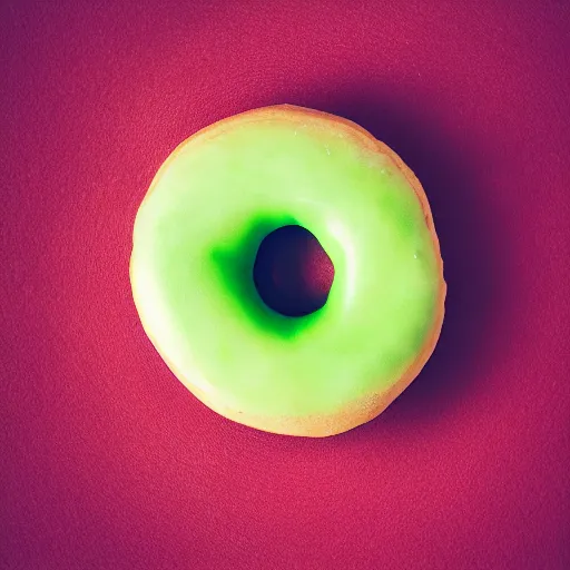 Prompt: Perfectly circular donut!!!!! in the style and shape of an apple!!!!!!, blended colors!!!!!, trending on artstation, 4k, 8k, professional photography, overhead shot, 35mm lens