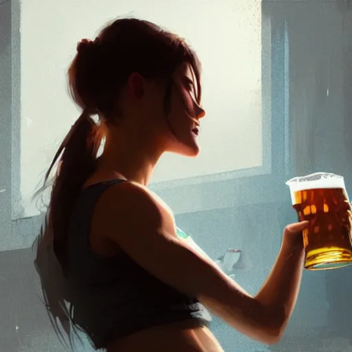 Image similar to a girl drinking beer, detailed digital art by greg rutkowski.