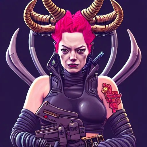 Image similar to portrait painting of a cyberpunk mercenary muscular emma stone with two big horns, sharp focus, award - winning, trending on artstation, masterpiece, highly detailed, intricate. art by josan gonzales and moebius and deathburger