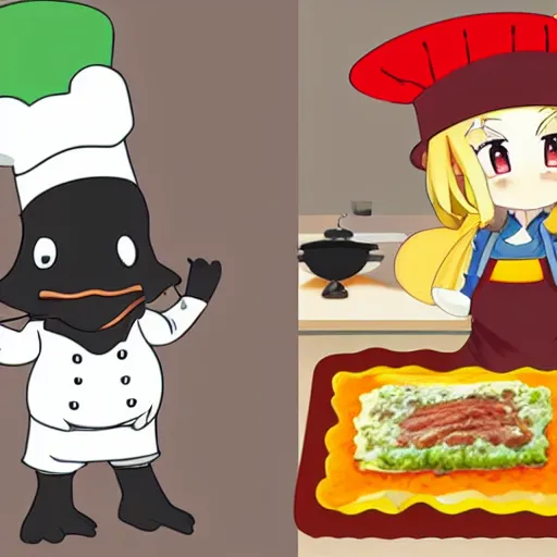 Image similar to anime cute platypus on a kitchen wearing a chef hat and holding a lasagna into an oven, anime style, chibi style, kawaii