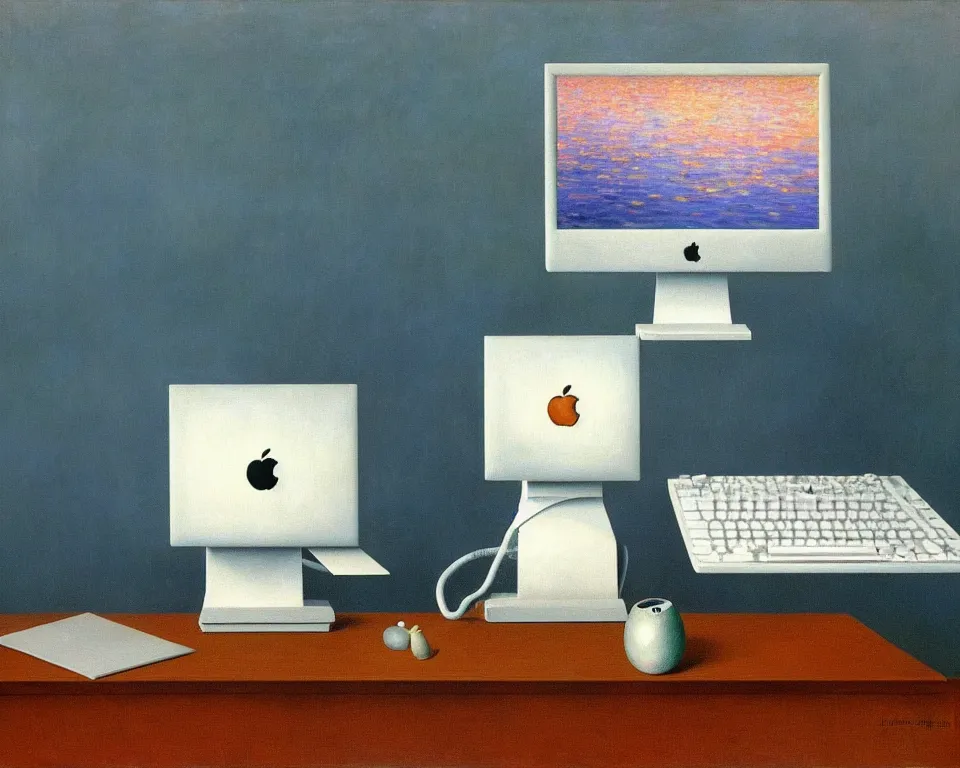 Prompt: achingly beautiful painting of a imac g 3 by rene magritte, monet, and turner. whimsical.