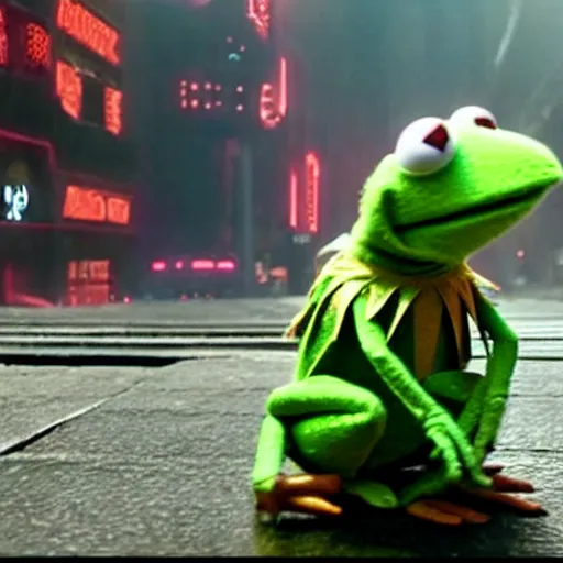 Prompt: kermit the frog from blade runner 2 0 4 9