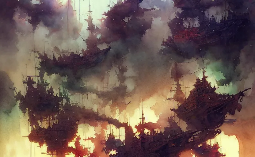 Image similar to airshps fleet, fantasy, steampunk. intricate, amazing composition, colorful watercolor, by ruan jia, by maxfield parrish, by marc simonetti, by hikari shimoda, by robert hubert, by zhang kechun, illustration, gloomy