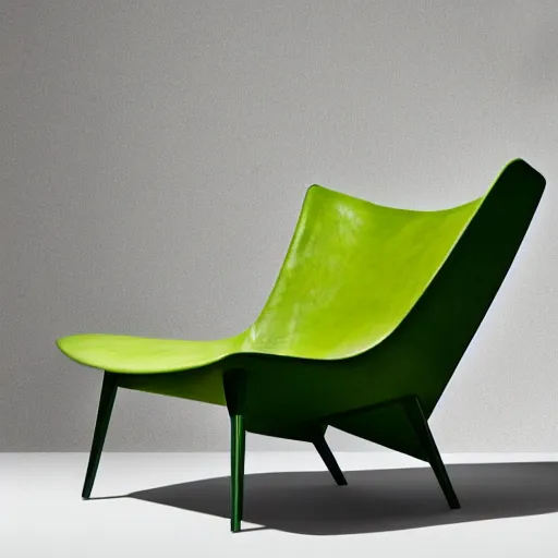 Image similar to an avacado chair, an armchair that looks like an avacado with green leather and seed yolk, award winning design, studio lighting, advanced photography, beautifully lit