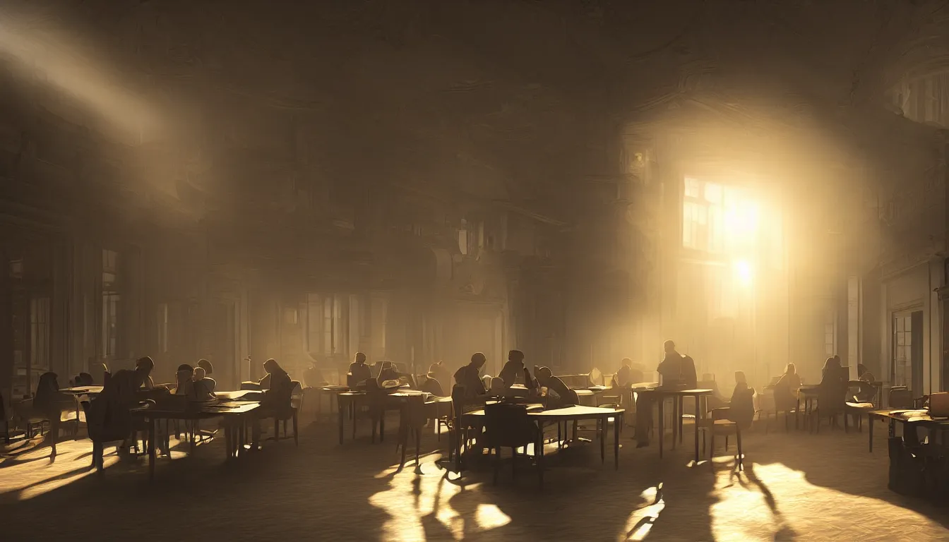 Image similar to a victorian internet cafe, volumetric light, morning light, cinematic photo, epic scene