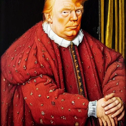 Prompt: portrait of donald trump, oil painting by jan van eyck, northern renaissance art, oil on canvas, wet - on - wet technique, realistic, expressive emotions, intricate textures, illusionistic detail