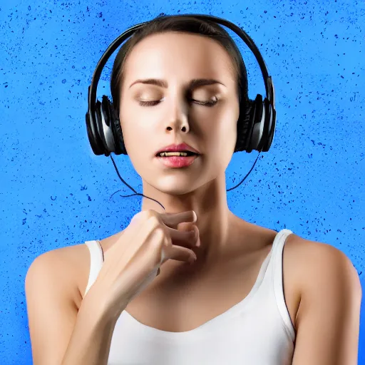 Prompt: dripping electrical blue paint across the shape of a female human listening to music, realistic , high detail, on a white background