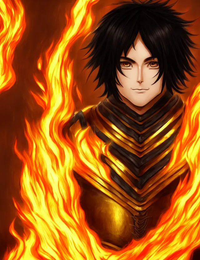 Image similar to a detailed manga portrait of a black haired man with hazel eyes in gleaming golden armour that burns with golden fire, trending on artstation, digital art, 4 k resolution, detailed, high quality, sharp focus, hq artwork, coherent, insane detail, character portrait