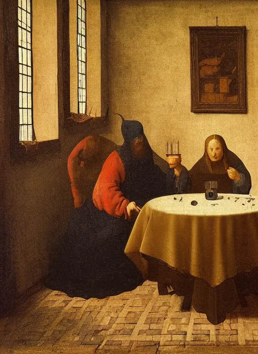 Image similar to a candlelit table at the inn, evening, dark room, two people sitting at the table, swirling smoke, dark smoke, realistic, in the style of leonardo da vinci, dutch golden age, amsterdam, medieval painting by jan van eyck, johannes vermeer, florence