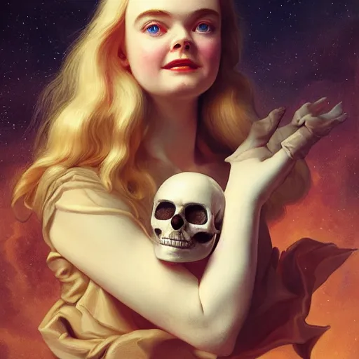 Prompt: Elle Fanning holding a skull in space, artstation, by J. C. Leyendecker and Peter Paul Rubens, Extremely detailed. 4K. Award winning.