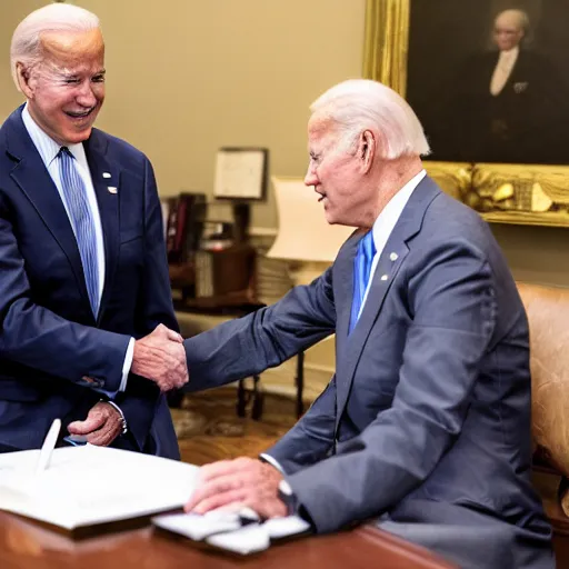 Image similar to A photo of joe biden teams up with a teenage joe biden, perfect faces, 50 mm, award winning photography