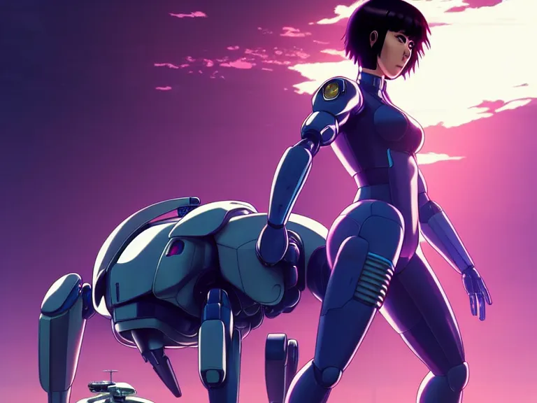 Image similar to a fullbody portrait of motoko kusanagi riding on top of a tachikoma : : stand alone complex, ghost in the shell, netflix : : by ilya kuvshinov, rossdraws, artgerm, sola digital arts, anti aliasing, raytracing : :