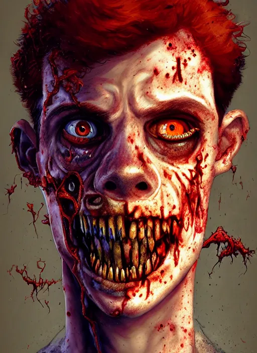 Image similar to portrait of zombie teenage archie andrews, red hair, curly hair, curly middle part, freckles, photorealistic, zombie, rotting skin, blind eyes, white eyes, zombie, intricate, elegant, orange, glowing lights, highly detailed, digital painting, artstation, concept art, sharp focus, illustration, art by wlop, mars ravelo and greg rutkowski