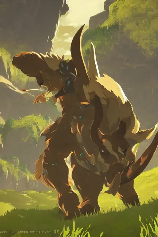 Image similar to a lynel of from the legend of zelda breath of the wild, breath of the wild art style.