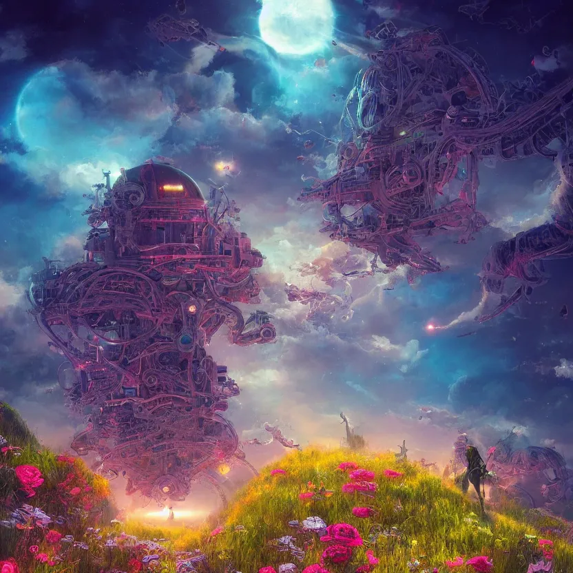 Prompt: digital illustration, a world full of life divine thrill of biological tranquil sky, atoms floating gothic harts, flowers, spaceship, in the style of greg rutkowski and lisa frank hr giger, bright color splashes, high detailed 8 k