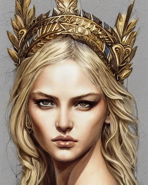 Image similar to tattoo sketch of blonde super model aphrodite greek goddess wearing a gold laurel wreath and triangle earrings, beautiful piercing gaze with sharp pupils, in the style of greg rutkowski, fantasy, amazing detail, epic, elegant, smooth, sharp focus, front view