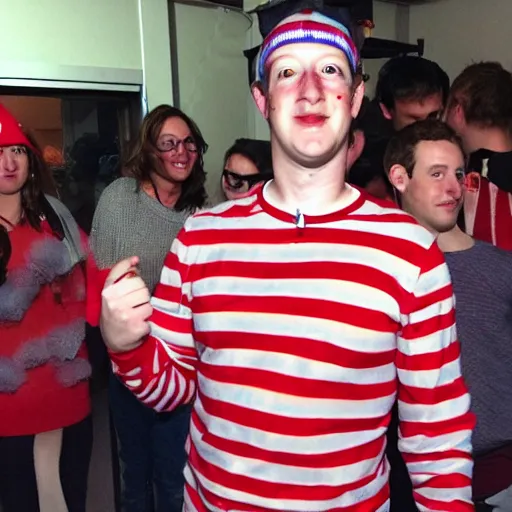 Prompt: mark zuckerberg dressed up as waldo ( from wheres waldo ) at the halloweed party