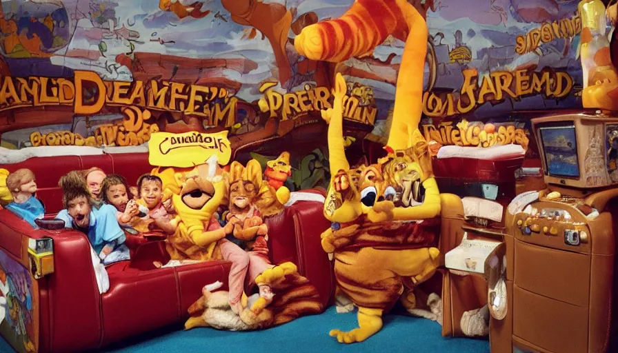 Prompt: 1990s photo of inside the Garfield's Wild Dream ride at Universal Studios in Orlando, Florida, children riding a box with a blanket, with Garfield the cartoon cat, through a living room filled lasagna, coffee cups, and lava lamps, cinematic, UHD