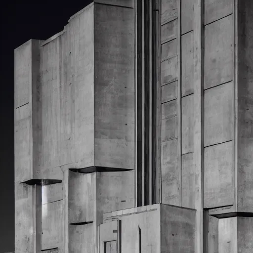 Image similar to a furturistic brutalist behemoth built in brutalism architecture, diverse unique building geometry full of shapes and corners, photography at night