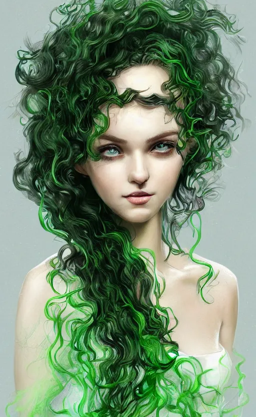 Image similar to a young woman with wild, curly hair and bright green eyes. she's wearing a flowing dress made of light, airy fabric and she has a mischievous look on her face, dynamic lighting, photorealistic fantasy concept art, trending on art station, stunning visuals, creative, cinematic, ultra detailed