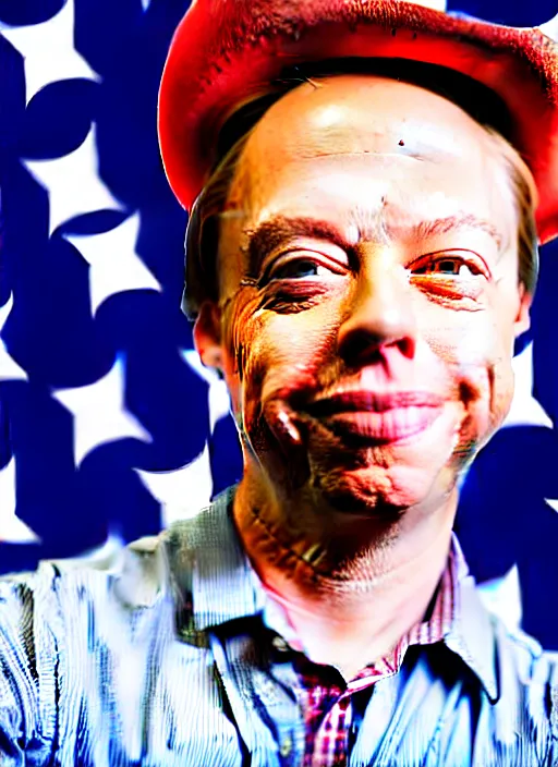 Image similar to election portrait of a person looking like brock pierce, american flag on background, cowboy style.