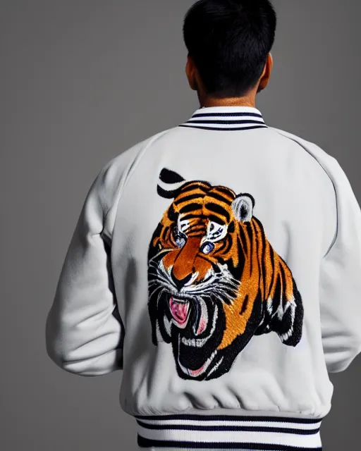 Image similar to photo back of a man wearing baseball jacket with a big japanese tiger and flowers embrodery, dark hangar background, centered, studio lighting, 1 5 0 mm