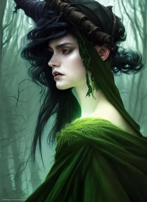 Image similar to close up side portrait dark witch, adventurer outfit large cloak, fantasy forest landscape, big moon, fantasy magic, undercut hairstyle, short green black fade hair, dark light night, intricate, elegant, sharp focus, illustration, highly detailed, digital painting, concept art, matte, art by WLOP and Artgerm and Greg Rutkowski and Alphonse Mucha, masterpiece