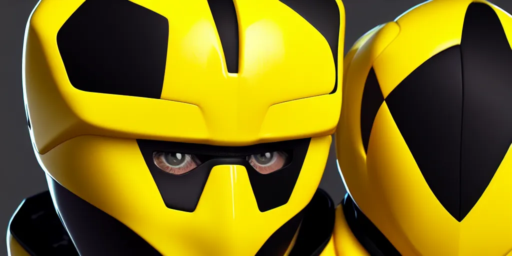 Image similar to symmetry!! portriat, a single yellow ranger, head and torso, artstation, art by murata, art by oda echiiro, lightning helmet, 3 d, jumpsuit, tracksuit, yellow, gloves, logo