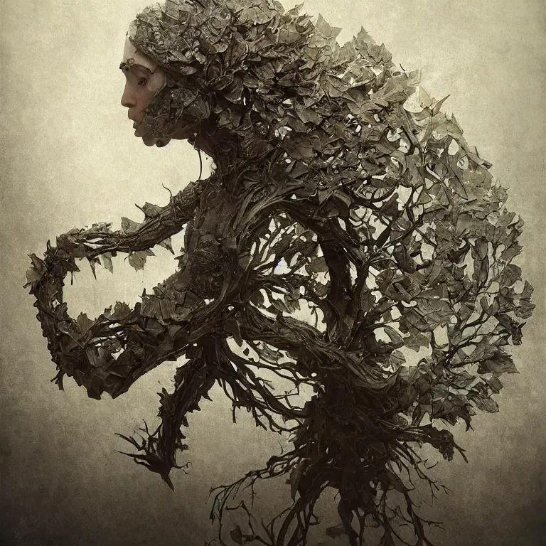 Prompt: powdery blurry old tintype portrait of realistic armoured tree made of leaves, dramatic light, dystopian environment, intricate, elegant, highly detailed, centered headdress, artstation, sharp focus, artgerm, tomasz alen kopera, peter mohrbacher, donato giancola, joseph christian leyendecker, wlop, boris vallejo, frank frazetta