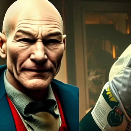 Image similar to still of Patrick Stewart, bald, as joker in new joker film