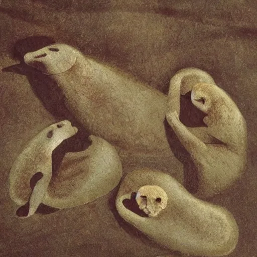 Image similar to three baby seals, Neanderthal cave painting