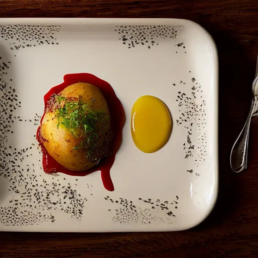 Prompt: French Laundry dish - Potato with Ketchup, food photography, award winning, Thomas Keller