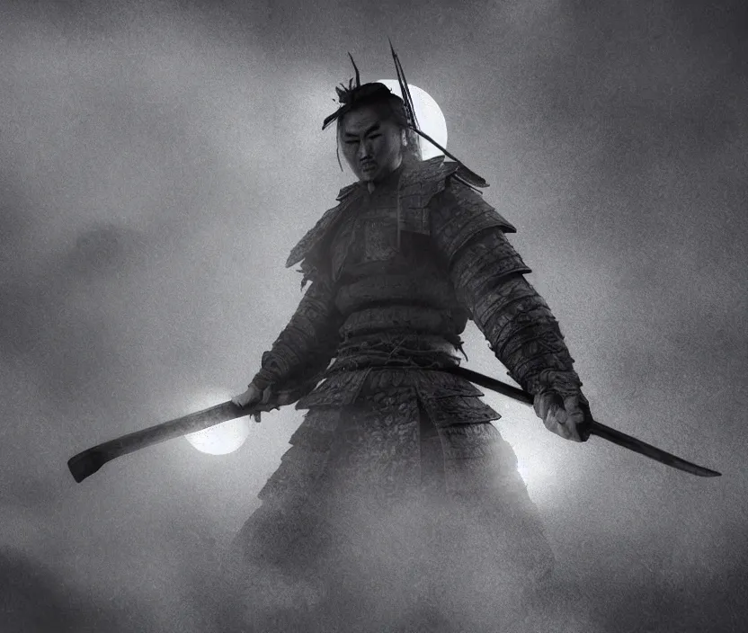 Image similar to '2d design graphic a samurai in the night ,big white moon background , gloomy and foggy atmosphere, octane render, horror scene, highly detailded , black and white ink '