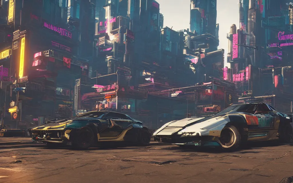 Image similar to Cyberpunk 2077 car Quadra Turbo-R V-Tech, driving down dusty city dystopian, long distance shot , by Mead, Syd