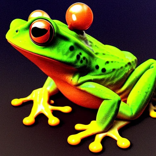 Image similar to The Wednesday frog and all his orbs hanging out, high quality render, realistic reflections, reflective surfaces, natural lighting, the orbs of BYOB, The Wednesday Frog, background details, highly a detailed, hyper realistic, orbs, orbs, orbs!!!