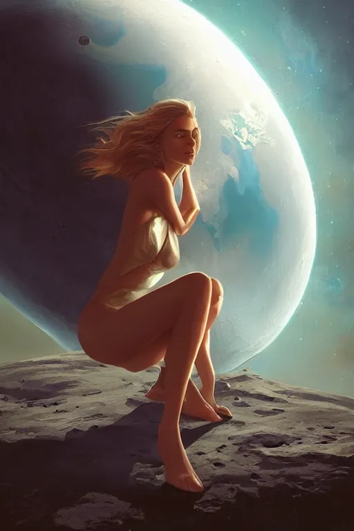 Image similar to Beautiful Supermodel sitting on the moon with a view of the earth in the background, elegant, digital painting, highly detailed, artstation, concept art, smooth, sharp focus, illustration, art by artgerm and greg rutkowski.