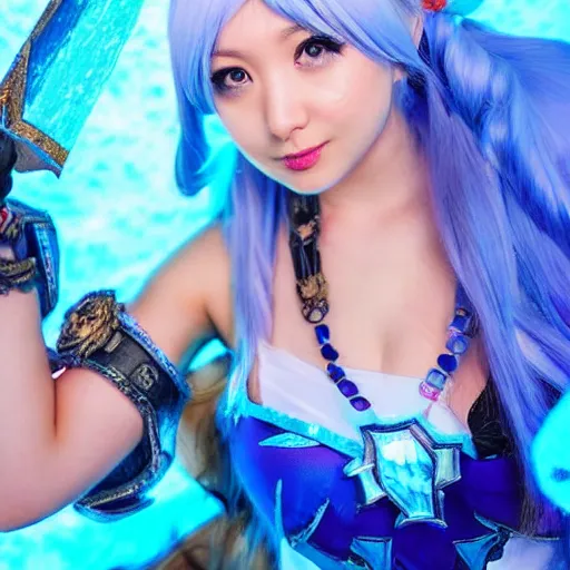 Image similar to photograph of a girl cosplaying Crystal Maiden from Dota 2, HD, award winning photography, uploaded on Facebook, highly detailed