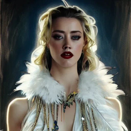 Prompt: hyperrealistic portrait of a woman as amber heard performing noir singing dance in a white swan dress wearing sapphire jewellery feather collar by jeremy mann and alphonse mucha, fantasy art, photo realistic, dynamic lighting, artstation, poster, volumetric lighting, very detailed faces, 4 k, award winning