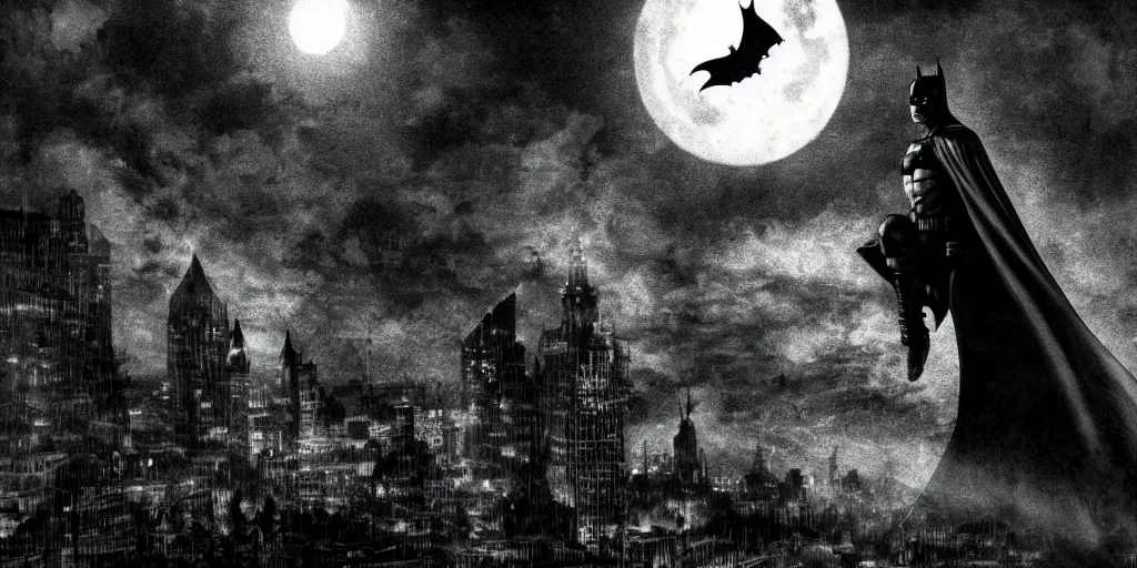 Image similar to Batman hunched over a building gargoyle at night looking over Gotham City, gothic, dark, moody atmospheric, moonlight, Frank Millar style, graphic art,