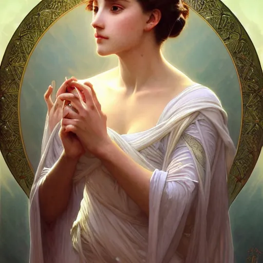 Prompt: portrait of etheral goddess, intricate, elegant, highly detailed, digital painting, artstation, concept art, smooth, sharp focus, illustration, art by artgerm and greg rutkowski and alphonse mucha and william - adolphe bouguereau and stephanie law