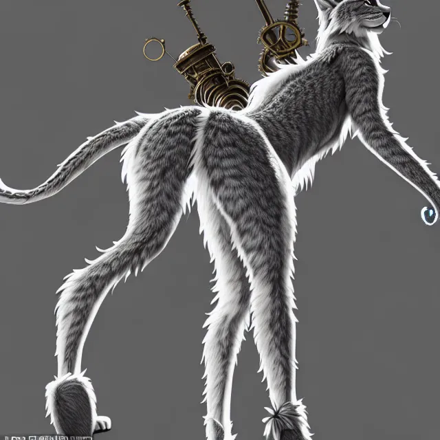 Image similar to the full body of anthropomorphic lynx fursona from behind wearing a steampunk suit as unimaginably beautiful, gorgeous, elegant, young woman with lynx head, an ultrafine hyperdetailed illustration by furaffinity, intricate linework, white fur, unreal engine 5 highly rendered, global illumination, radiant light, detailed and intricate environment