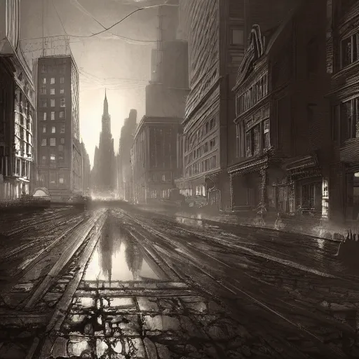 Image similar to downtown boston in 1 9 2 5, dark, spooky, atmospheric lighting, intricate, ultra detailed, well composed, best on artstation, cgsociety, epic, stunning, gorgeous, intricate detail, wow, masterpiece