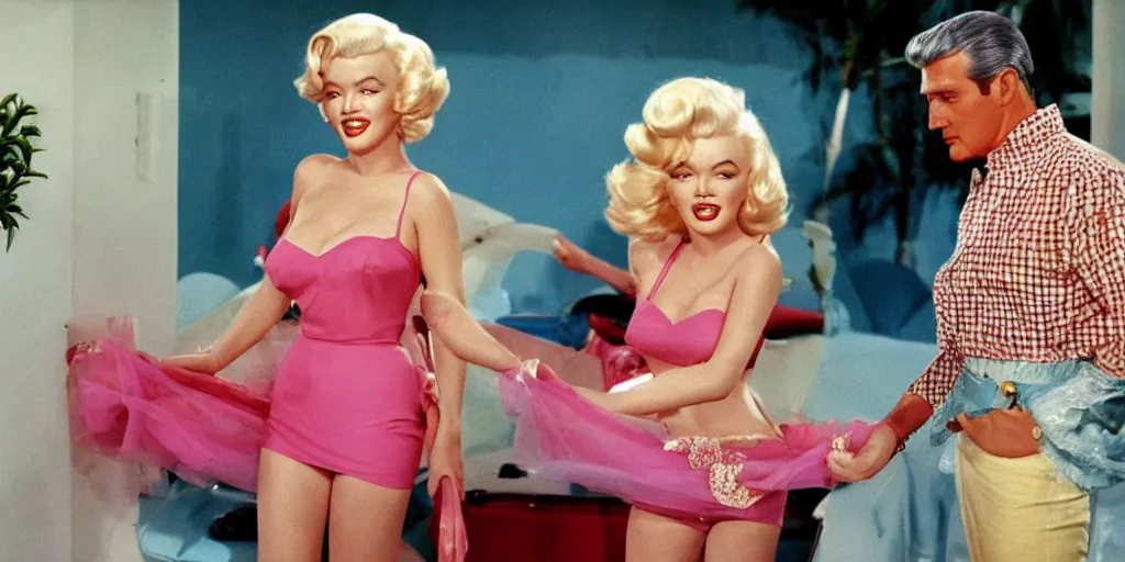 Image similar to Still of Marilyn Monroe as Barbie and Rock Hudson as Ken in the Barbie movie from 1963 set in the big house on Malibu, cinematic in technicolor