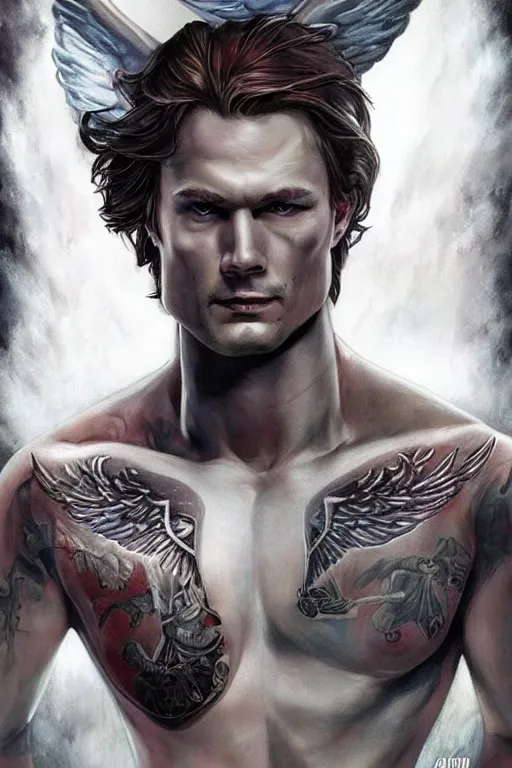Image similar to handsome! Sam Winchester as a muscular angel wings wide open whole body tattooed with runes and religious symbols, urban fantasy romance book cover, D&D!, fantasy style, sharp focus!, ultra detailed, art by Artgerm and Peter Andrew Jones, WLUP