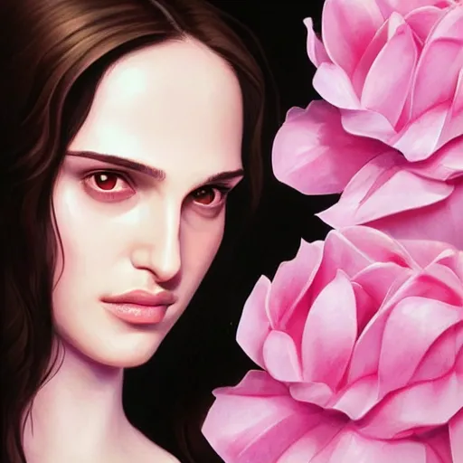 Image similar to the professional, pink petals with a a bored natalie portman mixed with mona lisa, intricate, elegant, highly detailed, wonderful eyes, sweet, digital painting, artstation, concept art, smooth, sharp focus, illustration, art by artgerm and greg rutkowski and concept art, rectilinear vaporwave