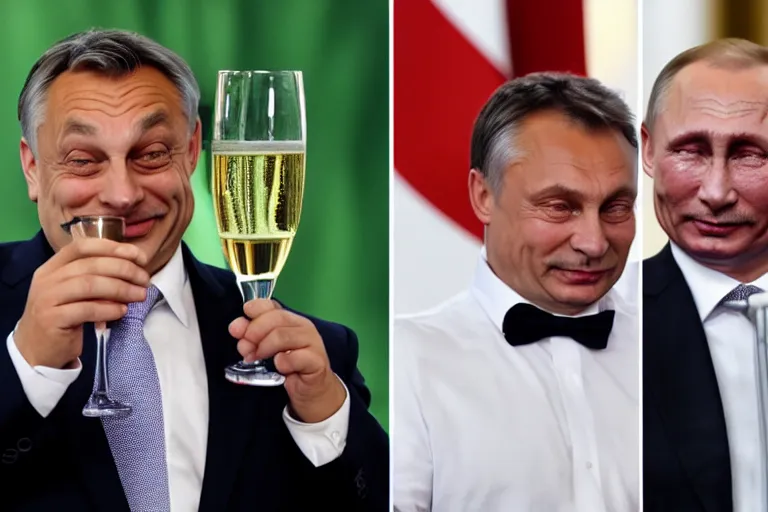 Prompt: viktor orban winking and drinking champagne with putin in front a burning city