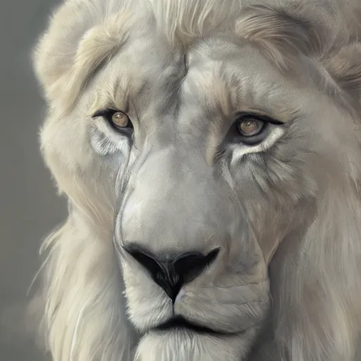 Image similar to commission portrait of a fit albino male lion,anthro,character design by charles bowater,greg rutkowski,ross tran,hyperdetailed,hyperrealistic,4k,deviantart,artstation,professional photography,concept art