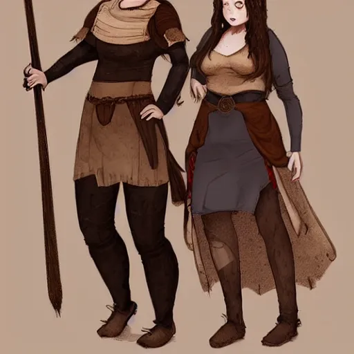 Prompt: two siblings, 2 5 years old women : : dark straight hair : : slightly overweight : : brown medieval cloting, natural materials : : high detail, digital art, illustration, realistic, rpg, fantasy