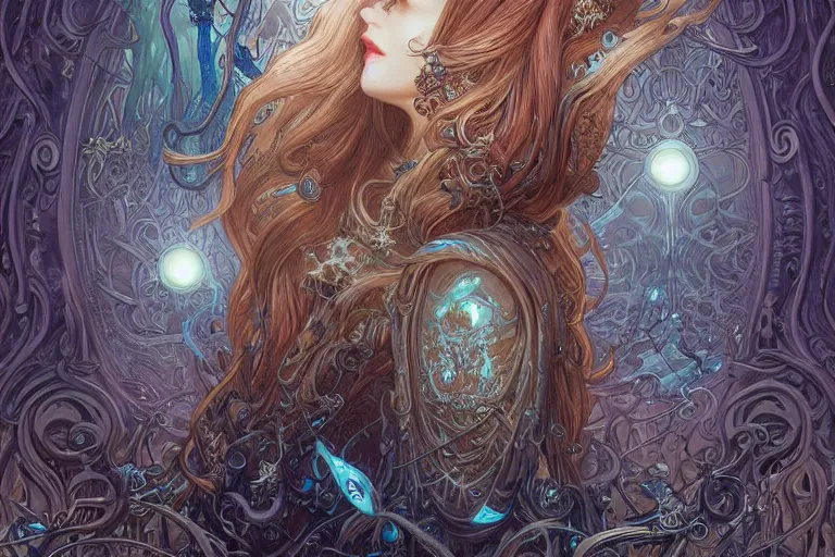 Image similar to a pretty woman with glowing blue eyes and hair made of liquid metal surrounded by an environment designed by Joe Fenton, fog, volumetric lighting, intricate, elegant, highly detailed, digital painting, artstation, concept art, smooth, sharp focus, art nouveau, art by artgerm and raymond swanland and alphonse mucha